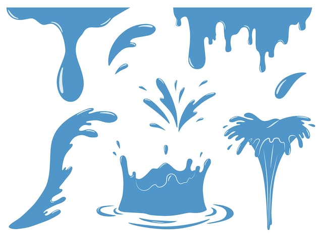 Vector water splash and spray. aqua. blue waves. cartoon tears. isolated raindrop or sweat, wet droplets of