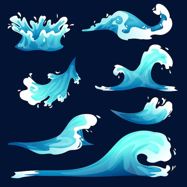 Vettore water splash vfx game cartoon set blue water spray motion spruzzi blast drip o ripple vector illust