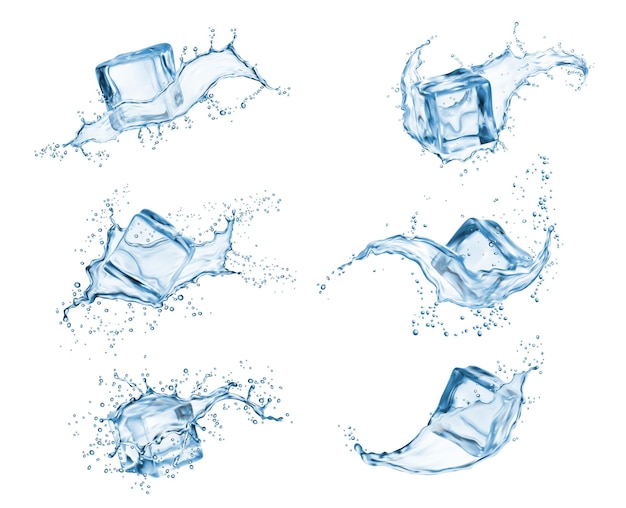 Vector water splashes and ice cubes with drops vector 3d cold drink water waves blue liquid swirls cocktail flows and transparent frozen ice crystals set with realistic bubbles and falling droplets