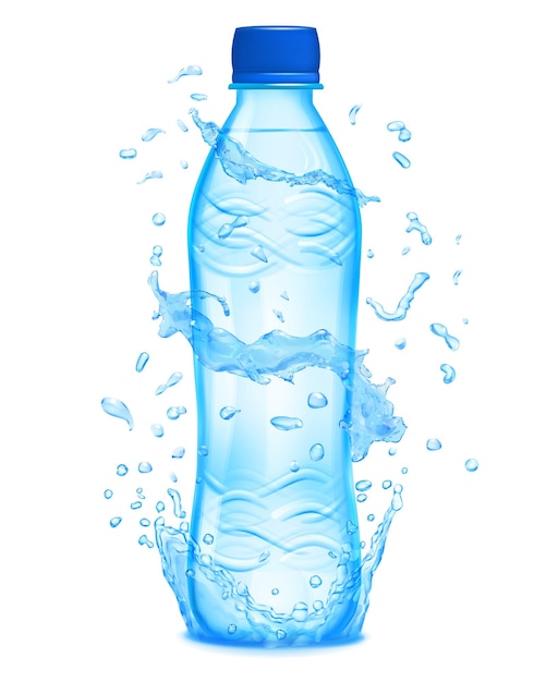 Water splashes in light blue colors around a light blue plastic bottle with mineral water