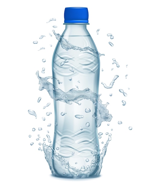 Vector water splashes in light blue colors around a light blue plastic bottle with mineral water