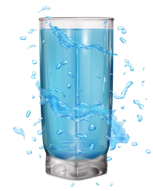 Water splashes in light blue colors around a opaque glass with light blue water on white background