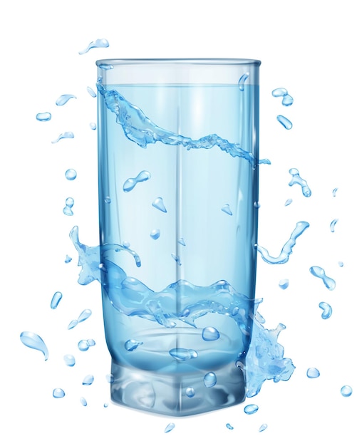 Vector water splashes in light blue colors around a opaque glass with light blue water on white background