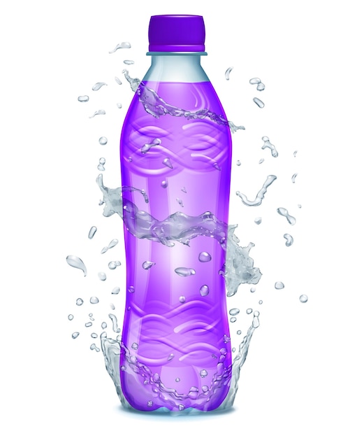 Water splashes in light blue colors around a plastic bottle with purple liquid. Bottle with purple cap, filled with purple juice