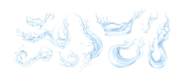 Vector water splashes realistic transparent liquid collection blue water drops and flows 3d falling aqua and dairy products for advertising or decoration packaging vector templates set