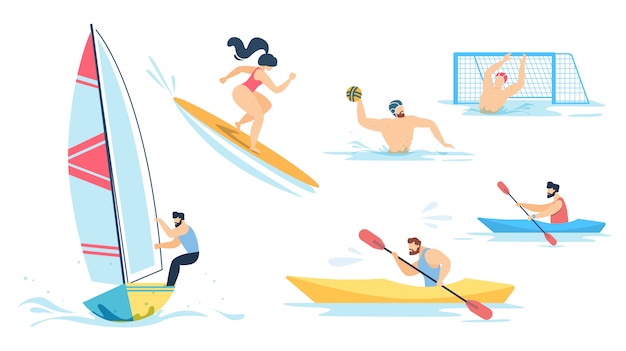 Водные виды спорта и набор спортивных персонажей