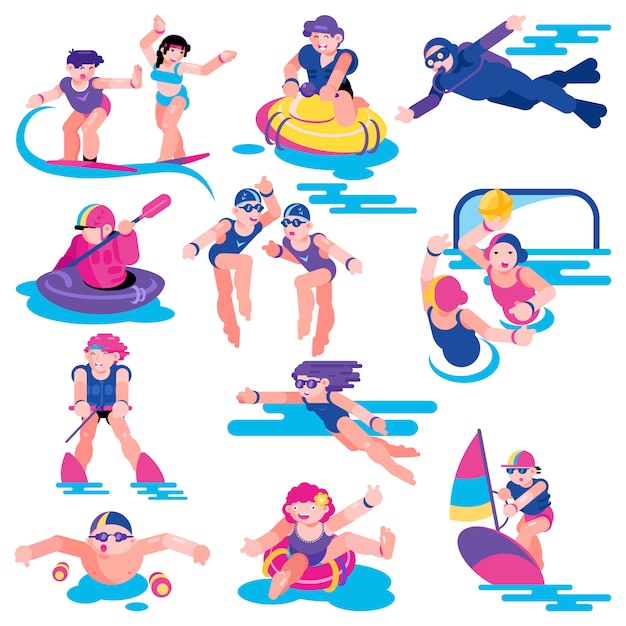 Водный спорт вектор люди персонаж на отдыхе, серфинг на доске для серфинга иллюстрации набор