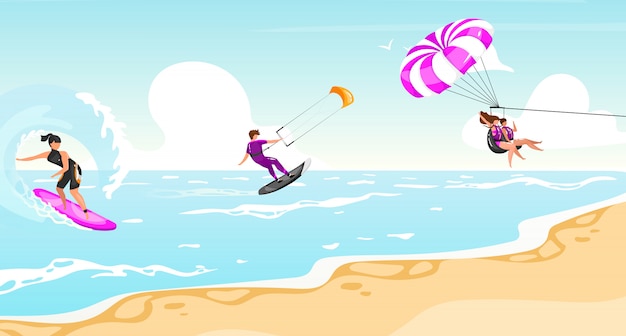 Illustrazione piatta di sport acquatici. esperienza di surf, kitesurf, parapendio. sportivo sulla barca stile di vita all'aperto attivo. costa tropicale, paesaggio marino turchese. personaggi dei cartoni animati di atleti