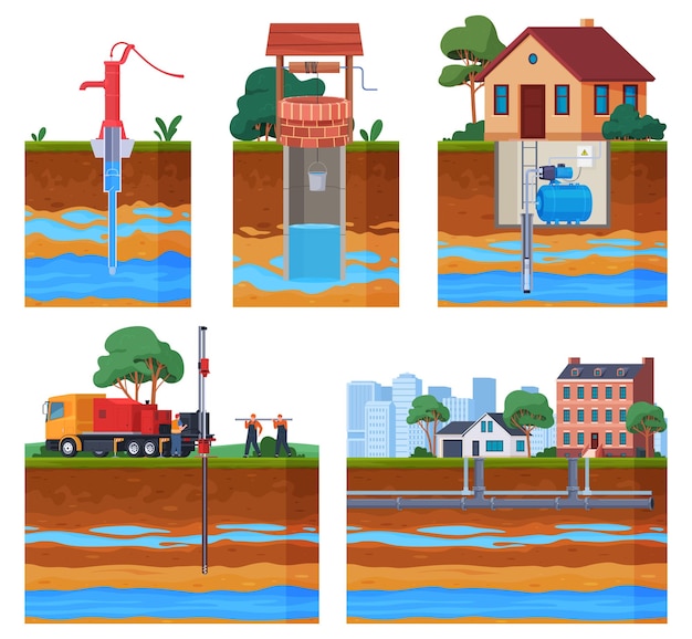 Vector water supply wells in residential premises infographics of soil layers and underground water well liquid pump water supply system vector illustration
