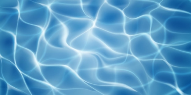 Water surface background with sunlight glares and caustic ripples. Top view. In blue colors