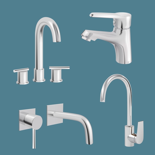 Water tap realistic. Aqua chrome kitchen utensil vector tap. Faucet realistic metal, equipment for bathroom illustration