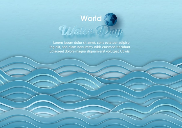 슬로건과 페이퍼 컷 스타일의 흐르는 물 모양의 파란색 레이어가 있는 수도꼭지와 종이 패턴 배경 포스터의 벡터 디자인에서 물의 날 캠페인