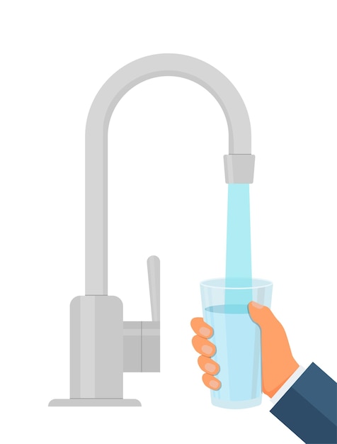 Water tap with glass Filling cup beverage Vector illustration