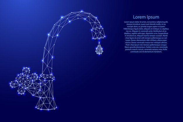 Водопроводный кран с клапаном и каплей из футуристических многоугольных синих линий и светящихся звезд для баннерной поздравительной открытки векторная иллюстрация