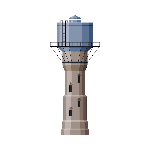 Vettore torre serbatoio di stoccaggio di acqua liquida campagna vita oggetto cemento e costruzione metallica illustrazione vettoriale piatta su sfondo bianco