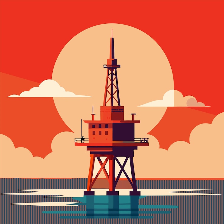 Vector a water tower with a red background with a red sun in the background