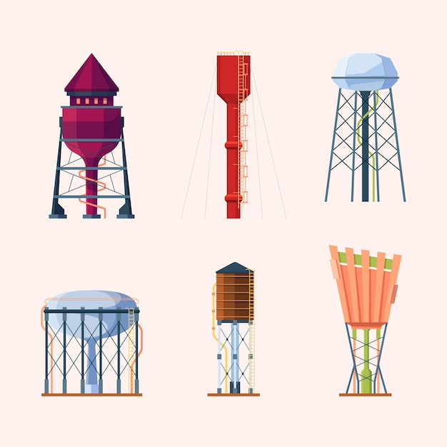 Water towers Reserve of water for town big steel or wooden tank high industry storage garish vector illustrations in flat style