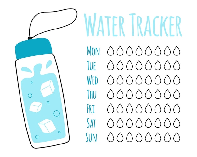 Water tracker vector sjabloon drinkwater checklist Water tracker met fles vectorillustratie Doodle stijl