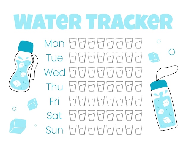 Water tracker vector sjabloon drinkwater checklist Water tracker met koele waterfles vectorillustratie Doodle stijl