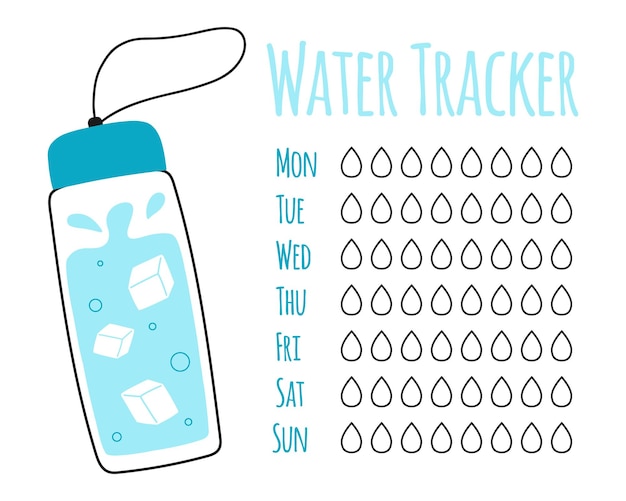 Шаблон векторного трекера воды Контрольный список питьевой воды Трекер воды с векторной иллюстрацией бутылки Стиль каракулей