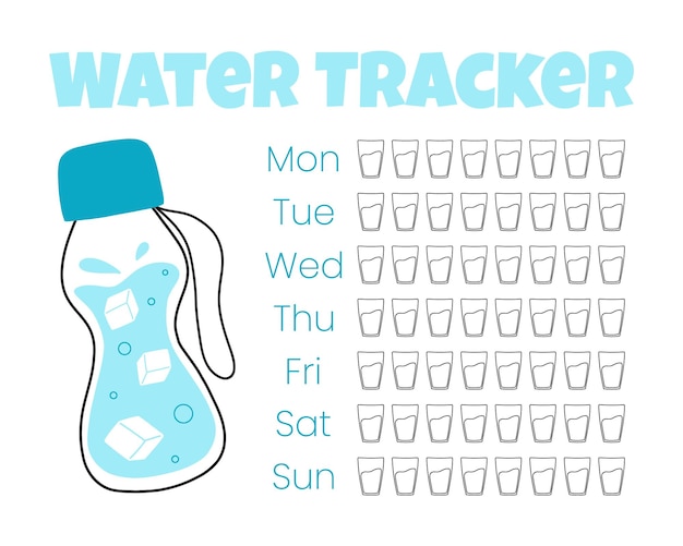 Modello vettoriale del tracker dell'acqua elenco di controllo dell'acqua potabile tracker dell'acqua con illustrazione vettoriale della bottiglia d'acqua fresca stile doodle