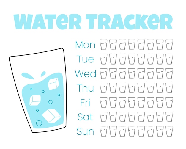 Water tracker vector template drinking water checklist water tracker with cool water glass vector illustration doodle style