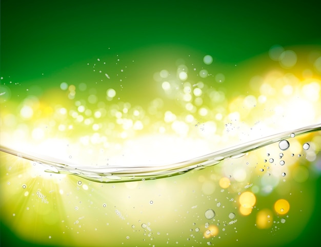 Прозрачная поверхность воды с пузырьками на зеленом фоне боке