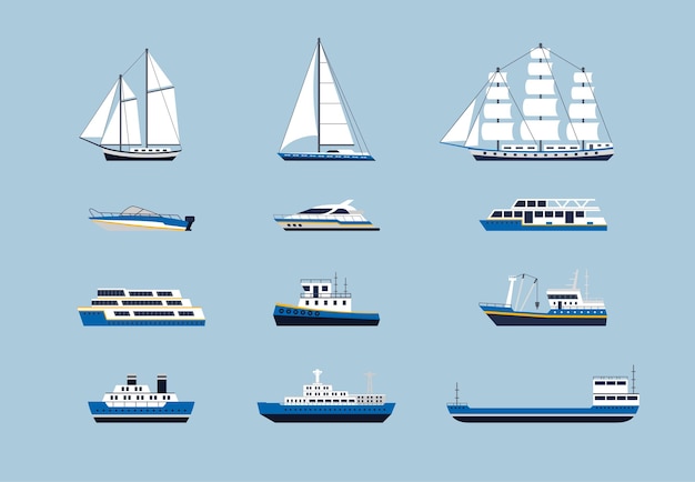 Vector water transport  modern vector flat design icons set