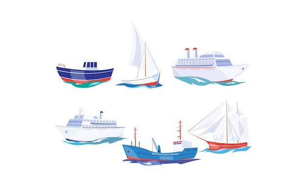 Trasporto per acqua set yacht barca nave da carico nave a vapore barca da pesca nave da crociera illustrazione vettoriale su