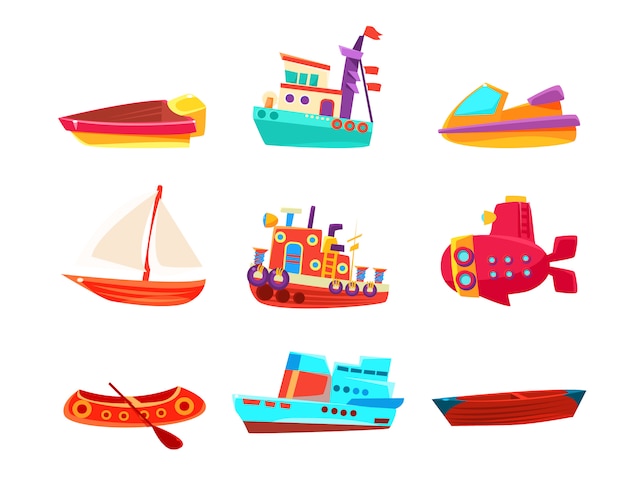 Water transport toy boats icon collection