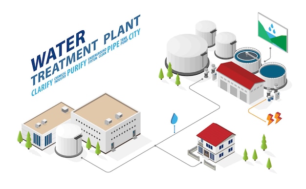 Vector water treatment plant clarifier supply to the factory and city with isometric graphic