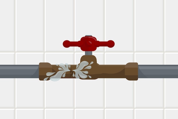 Water valve on a pipe with a hole broke through the water