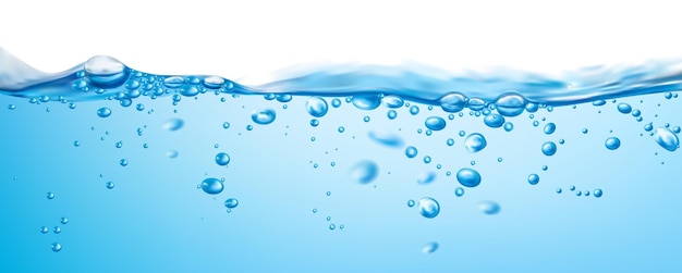 Superficie dell'onda d'acqua, spruzzi d'acqua con ripple e bolle d'aria. vector liquido bollente, sfondo astratto frizzante con movimento dinamico. acqua trasparente 3d realistica, seether o frizzante che si muove casualmente