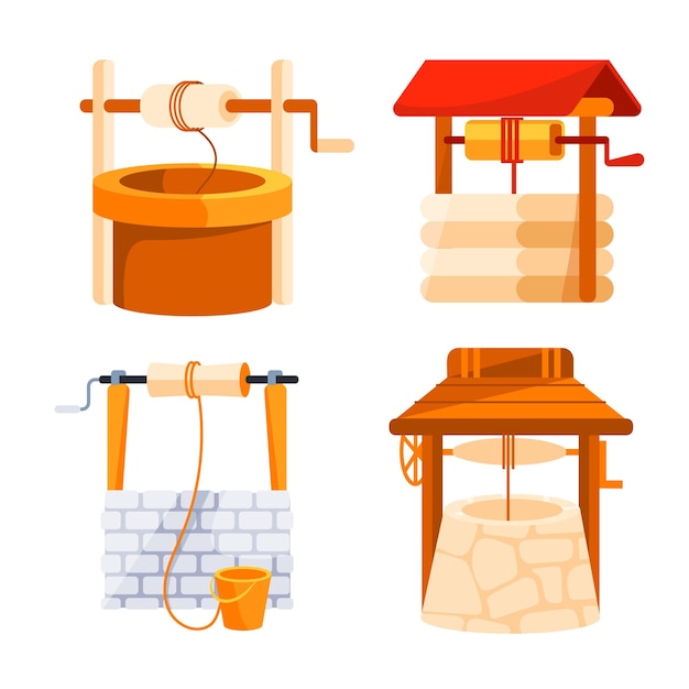 Vector water well set stone and wooden decorated peasant wells for water extraction