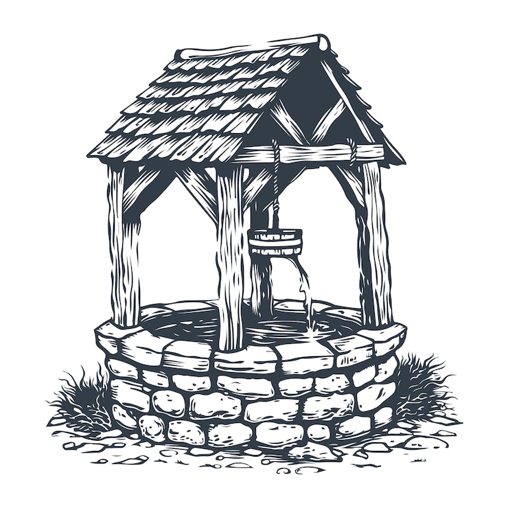Vector water well vintage woodcut engraving style vector