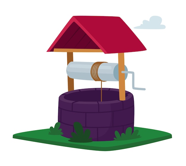 Vector water well with rotating handle, bucket on rope, wooden roof and brick fencing isolated