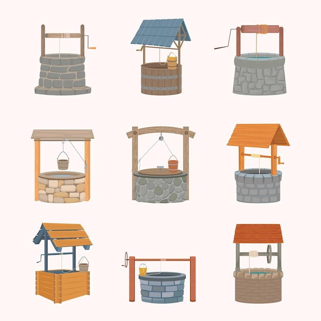 Vector water wells retro set