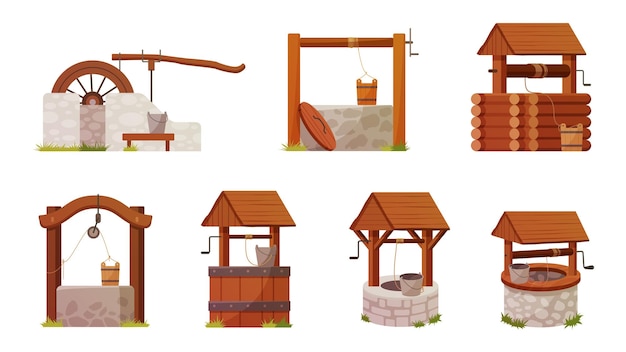 Water wells set wooden and stone old rural deep well with bucket on rope for fresh drink