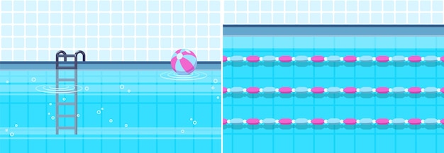 Vector water zwembad interieur zwembaden sportieve zwembanen voor kinderen en volwassenen recreatie of sport zones vector achtergrond competitie oefening zwemmen oppervlakte illustratie