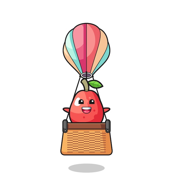 Waterappel-mascotte rijdt op een schattig ontwerp van een heteluchtballon