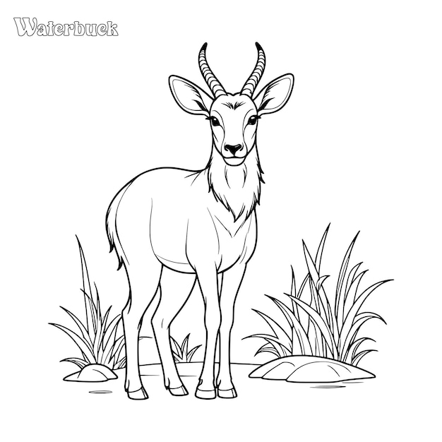 Waterbuck hand drawn coloring page and outline vector design