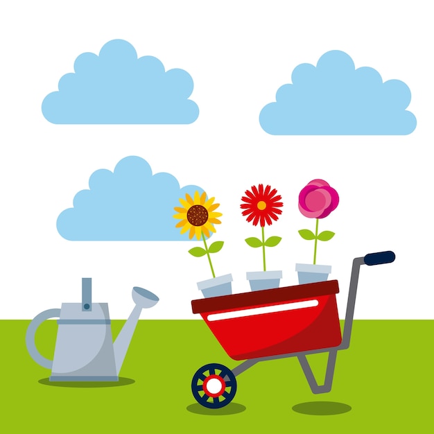 watercan and wheelbarrow with beautiful flowers