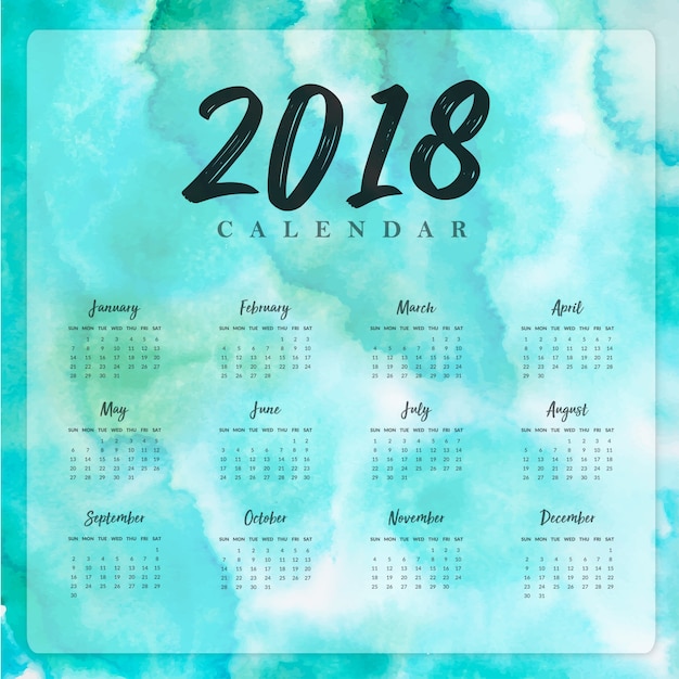 Calendario annuale del nuovo anno dell'acquerello 2018