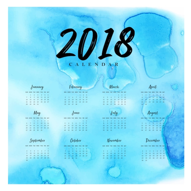 Calendario annuale del nuovo anno dell'acquerello 2018