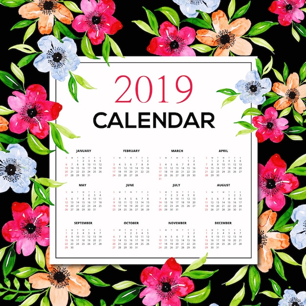 Vettore calendario floreale dell'acquerello 2019