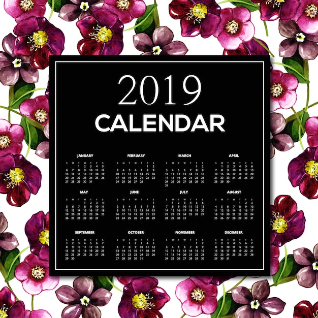 Calendario floreale dell'acquerello 2019