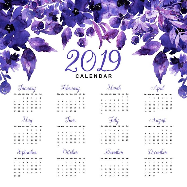 Calendario floreale dell'acquerello 2019