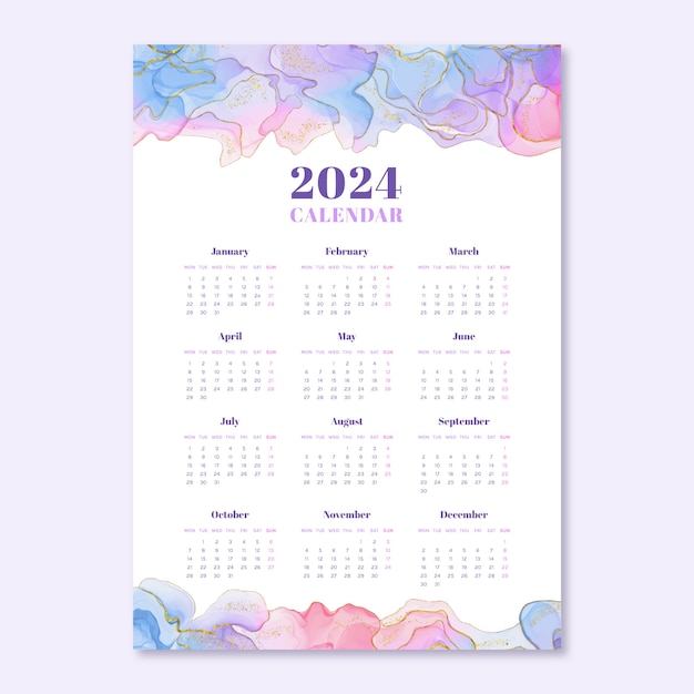 Vector watercolor 2024 calendar template