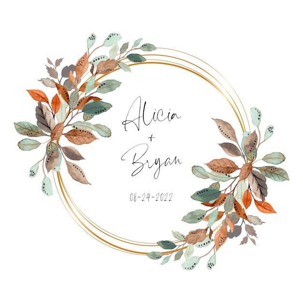 Watercolor abstract leaves wreath with golden frame