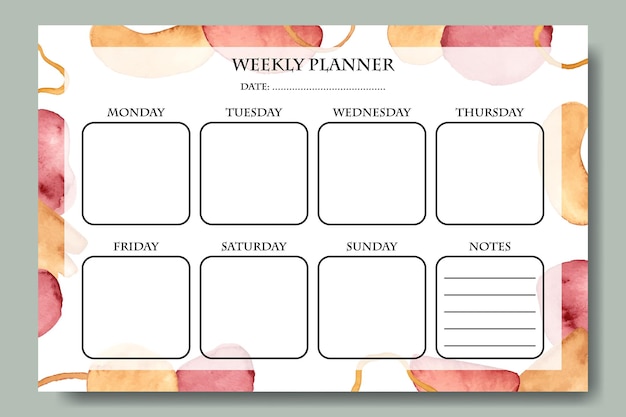 Modello di agenda settimanale con forme astratte dell'acquerello stampabile